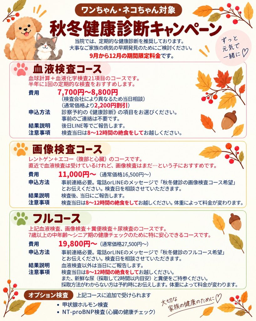 犬・猫の秋冬健康診断キャンペーン 血液検査・画像検査・フルコースのご案内